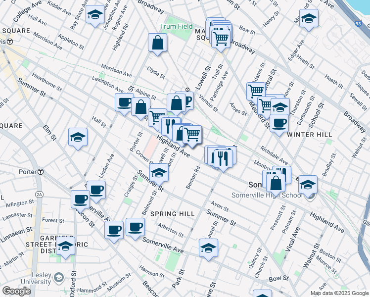 map of restaurants, bars, coffee shops, grocery stores, and more near 191 Highland Avenue in Somerville