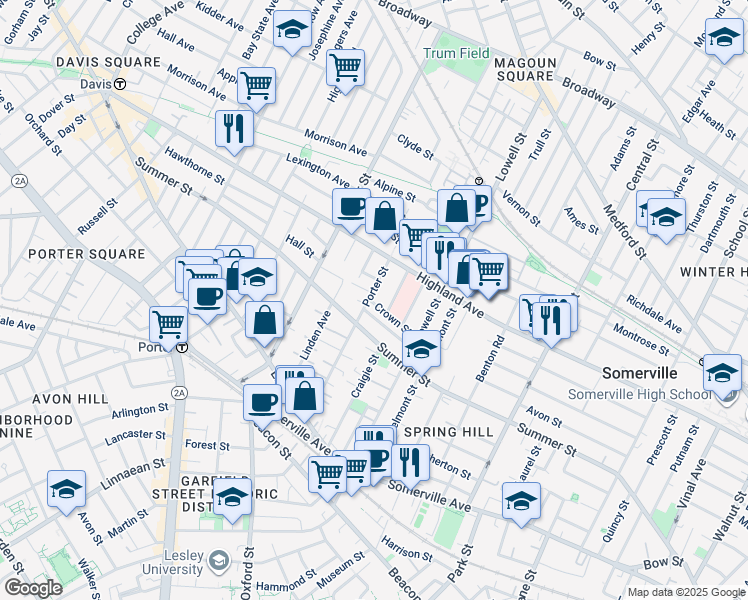 map of restaurants, bars, coffee shops, grocery stores, and more near 29 Crocker Street in Somerville