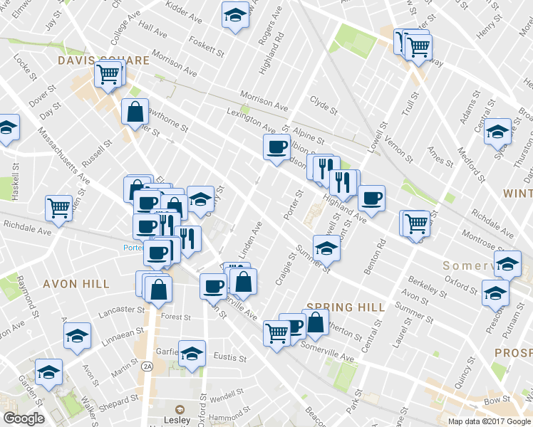 map of restaurants, bars, coffee shops, grocery stores, and more near 9 Porter Avenue in Somerville