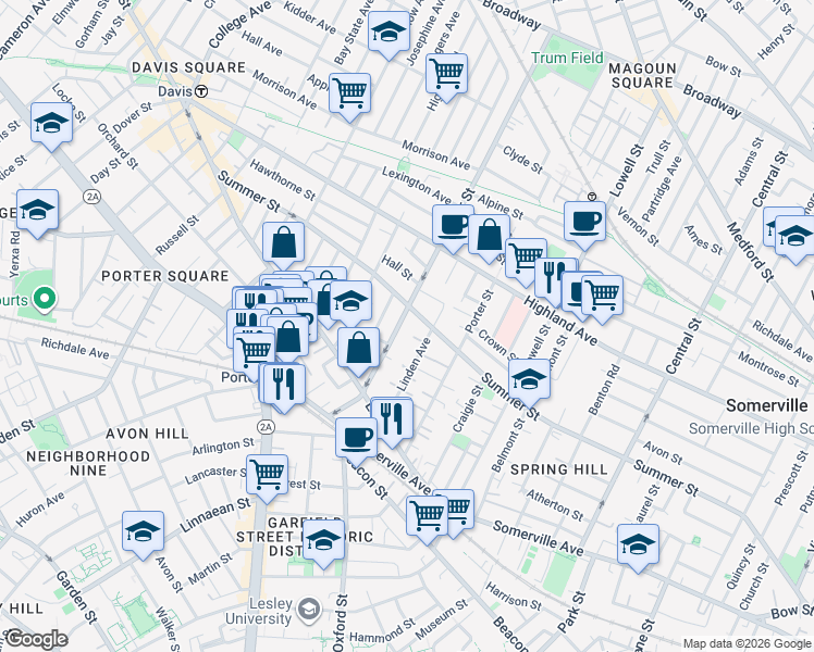 map of restaurants, bars, coffee shops, grocery stores, and more near 53 Cedar Street in Somerville