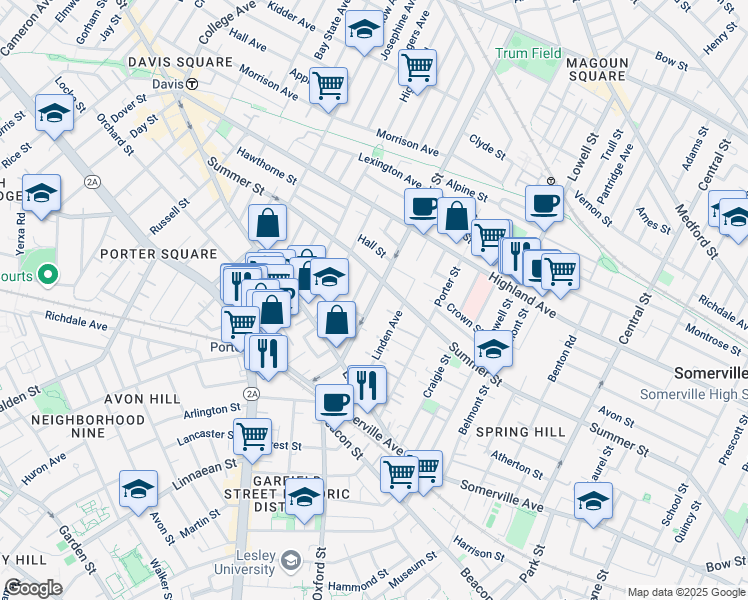 map of restaurants, bars, coffee shops, grocery stores, and more near 53 Cedar Street in Somerville