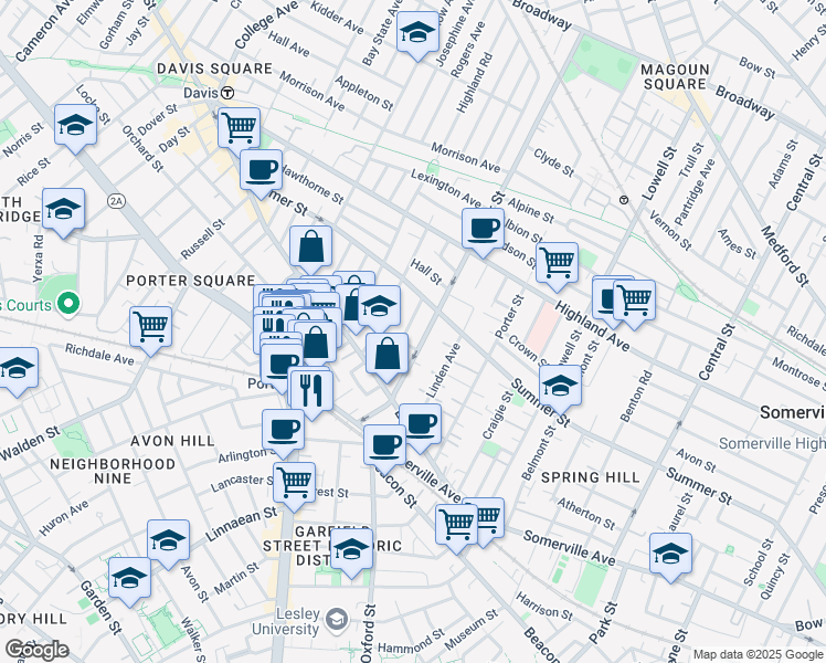 map of restaurants, bars, coffee shops, grocery stores, and more near 21 Ashland Street in Somerville