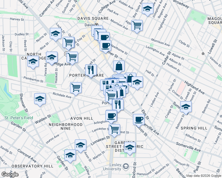 map of restaurants, bars, coffee shops, grocery stores, and more near 19 Davenport Street in Cambridge
