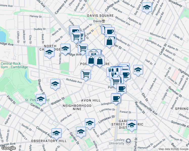 map of restaurants, bars, coffee shops, grocery stores, and more near 38 Walden Street in Cambridge