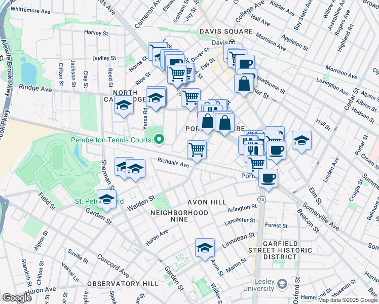 map of restaurants, bars, coffee shops, grocery stores, and more near 26 Mead Street in Cambridge