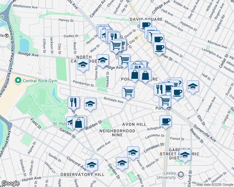 map of restaurants, bars, coffee shops, grocery stores, and more near 93 Pemberton Court in Cambridge