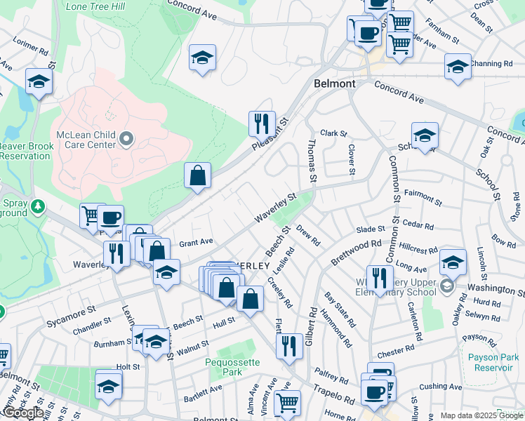 map of restaurants, bars, coffee shops, grocery stores, and more near 13 Prince Street in Belmont