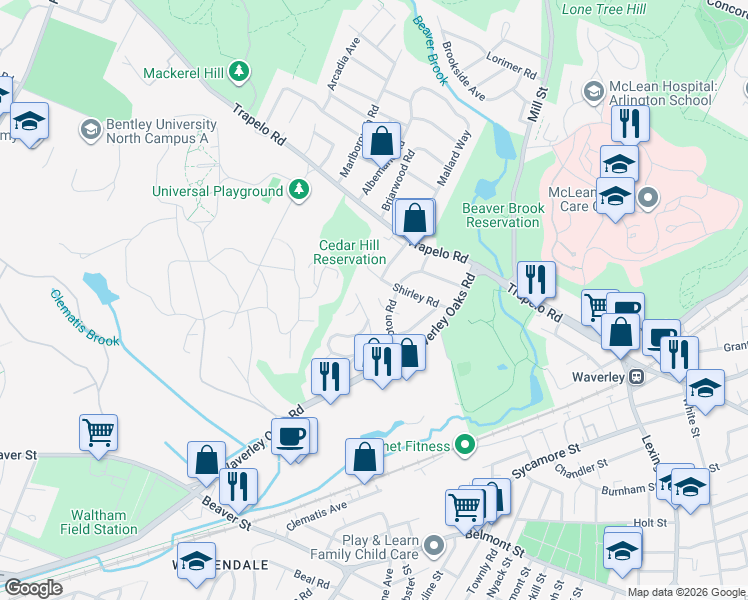 map of restaurants, bars, coffee shops, grocery stores, and more near 30 Freemont Terrace in Waltham
