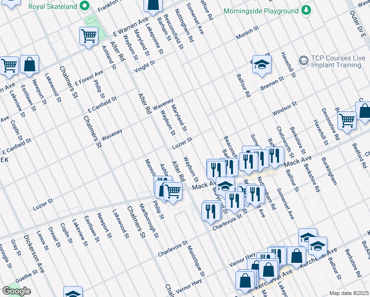 map of restaurants, bars, coffee shops, grocery stores, and more near 3683 Wayburn Street in Detroit