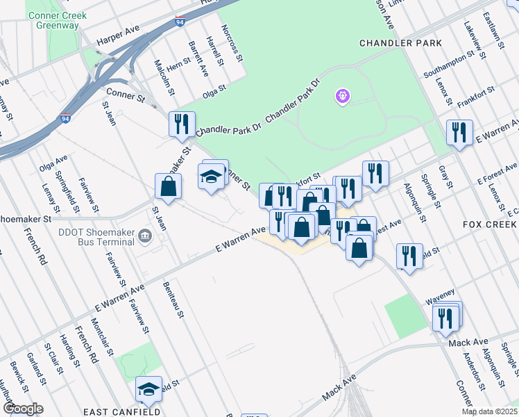 map of restaurants, bars, coffee shops, grocery stores, and more near 5201 Conner Street in Detroit