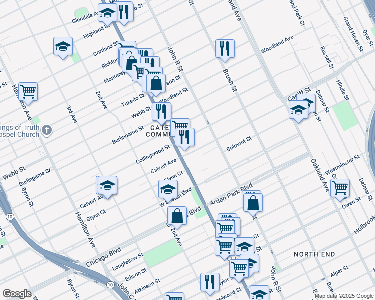 map of restaurants, bars, coffee shops, grocery stores, and more near 57 Trowbridge Street in Detroit