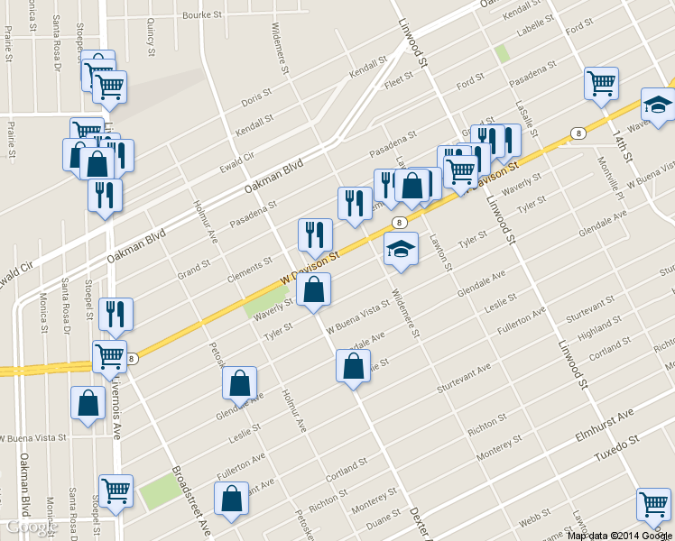 map of restaurants, bars, coffee shops, grocery stores, and more near 3280 Waverly Street in Detroit