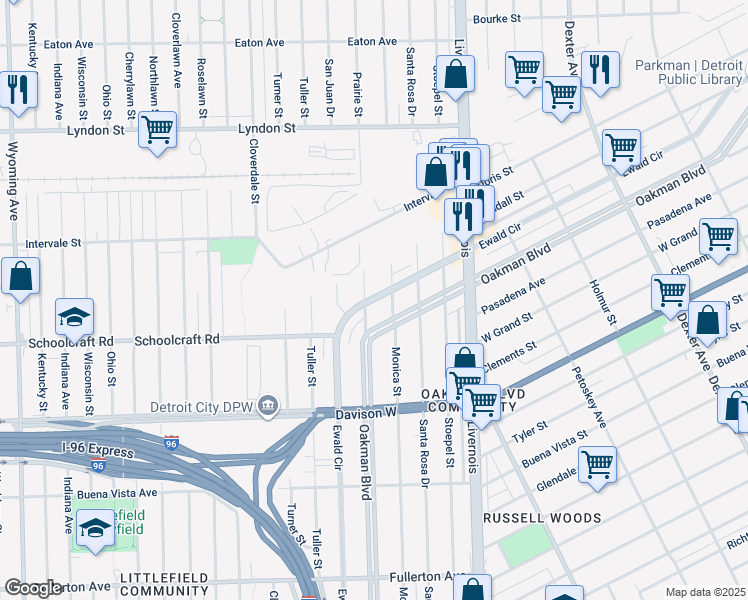 map of restaurants, bars, coffee shops, grocery stores, and more near 2723 Ewald Circle in Detroit