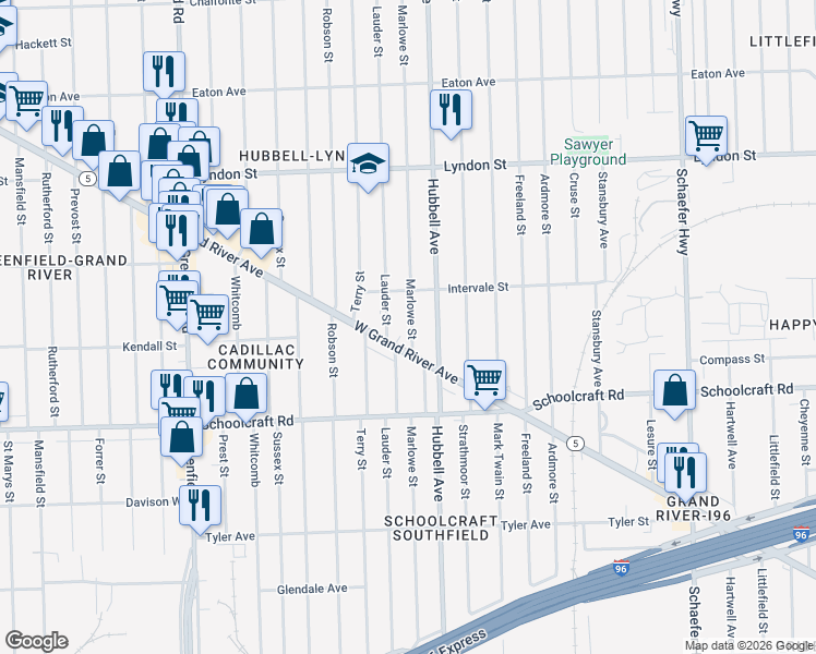 map of restaurants, bars, coffee shops, grocery stores, and more near 14128 Lauder Street in Detroit