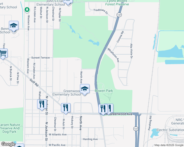 map of restaurants, bars, coffee shops, grocery stores, and more near 2048 North Sheridan Road in Waukegan