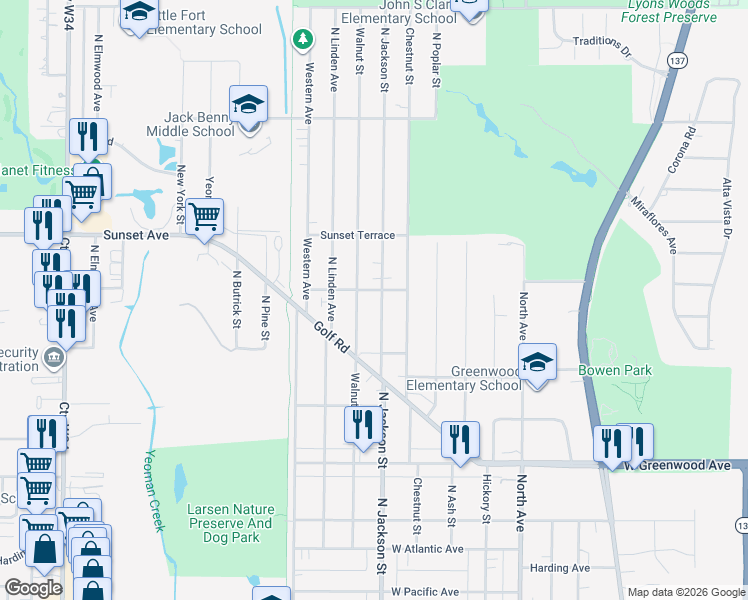 map of restaurants, bars, coffee shops, grocery stores, and more near 823 Longview Road in Waukegan