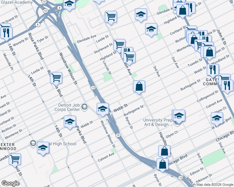 map of restaurants, bars, coffee shops, grocery stores, and more near 355 Elmhurst Street in Highland Park