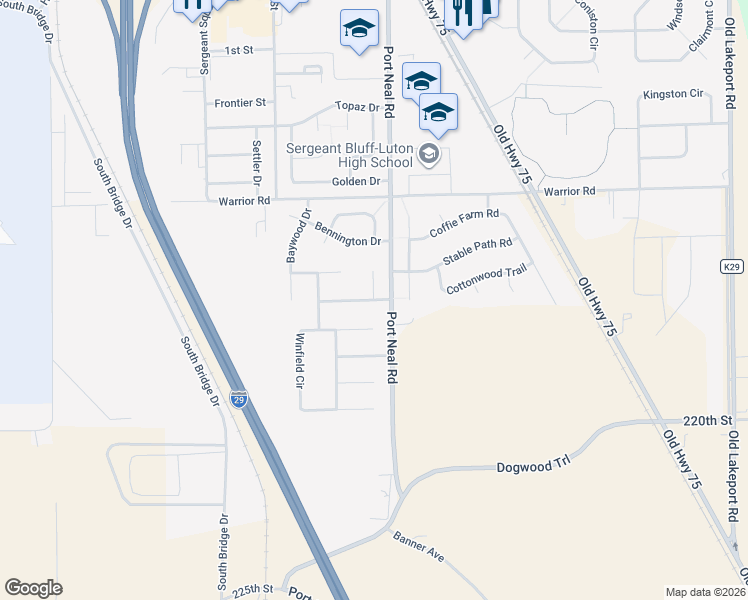 map of restaurants, bars, coffee shops, grocery stores, and more near 427 Huntington Drive in Sergeant Bluff