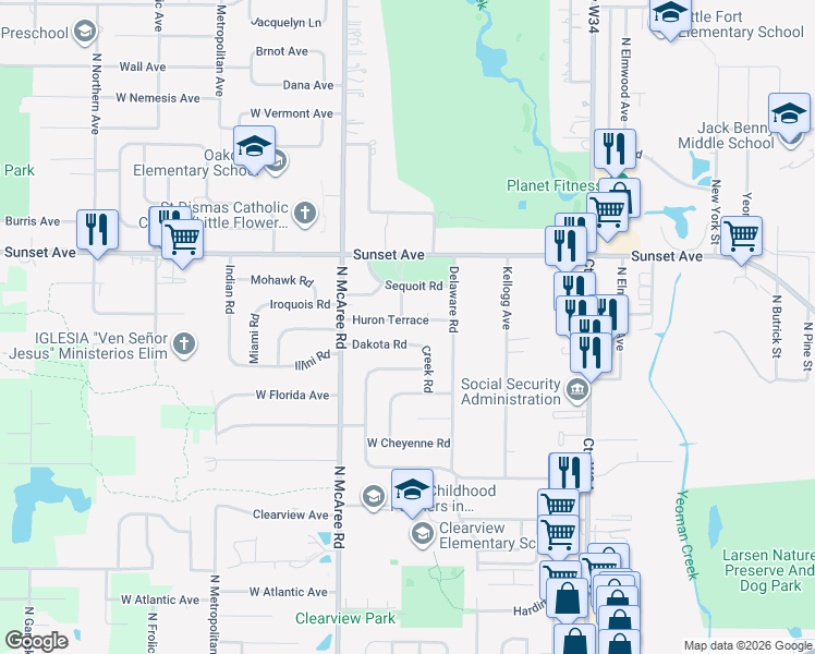 map of restaurants, bars, coffee shops, grocery stores, and more near 2351 Huron Road in Waukegan