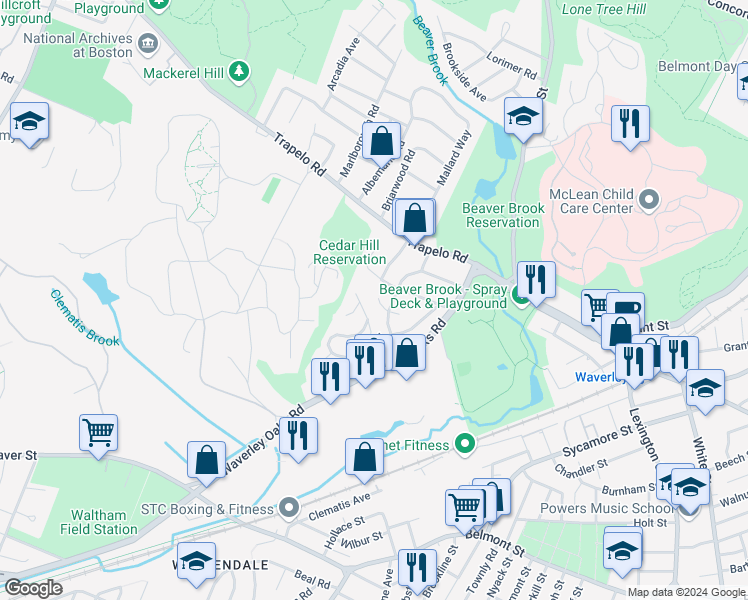 map of restaurants, bars, coffee shops, grocery stores, and more near 30 Freemont Terrace in Waltham
