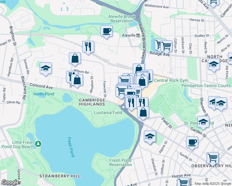 map of restaurants, bars, coffee shops, grocery stores, and more near 10 Fawcett Street in Cambridge