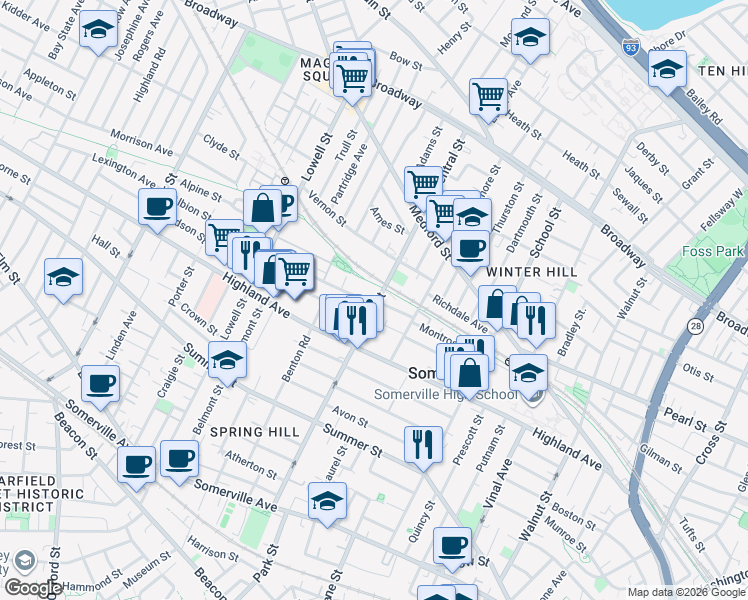 map of restaurants, bars, coffee shops, grocery stores, and more near 7 Albion Street in Somerville