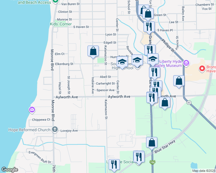 map of restaurants, bars, coffee shops, grocery stores, and more near 1051 Kalamazoo Street in South Haven