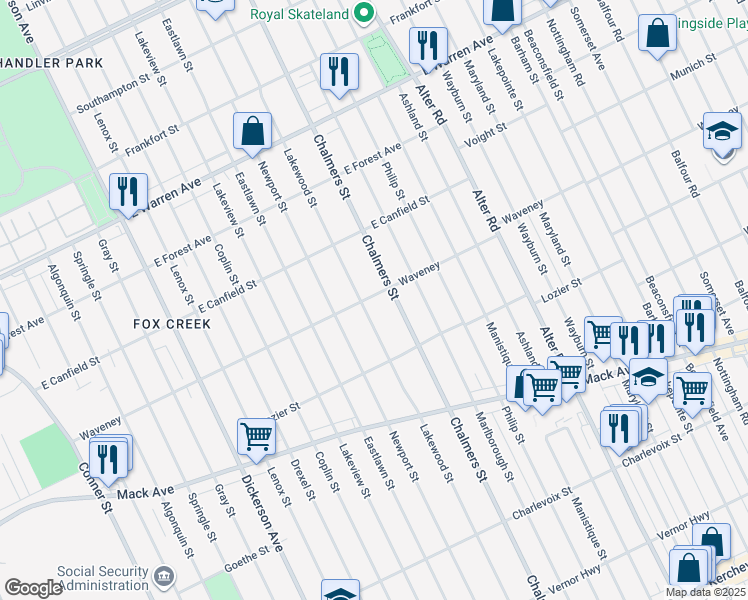 map of restaurants, bars, coffee shops, grocery stores, and more near 4234 Lakewood Street in Detroit
