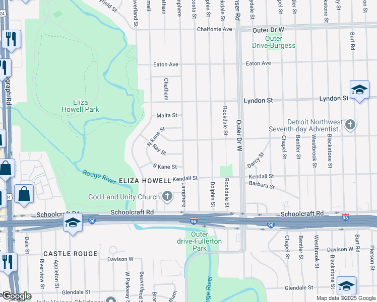 map of restaurants, bars, coffee shops, grocery stores, and more near 14216 Lamphere Street in Detroit