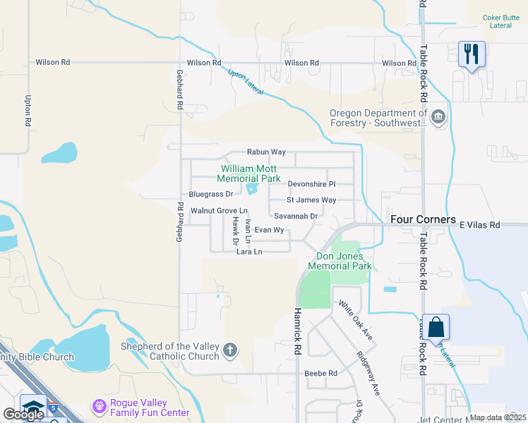 map of restaurants, bars, coffee shops, grocery stores, and more near 1465 Scofield Street in Central Point