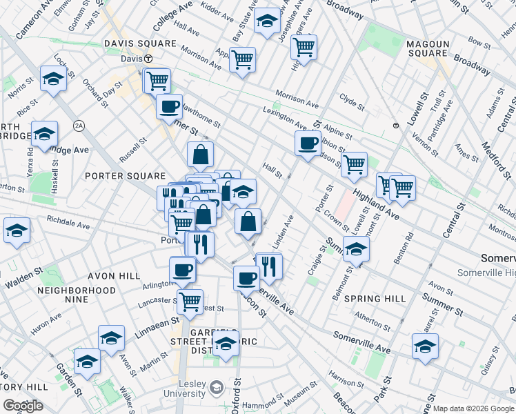 map of restaurants, bars, coffee shops, grocery stores, and more near 23 Ashland Street in Somerville