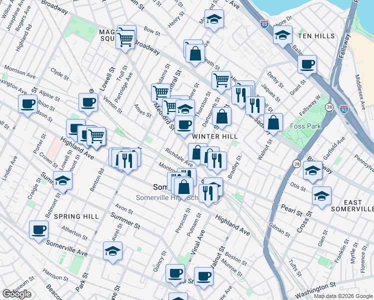 map of restaurants, bars, coffee shops, grocery stores, and more near 9 Thurston Street in Somerville