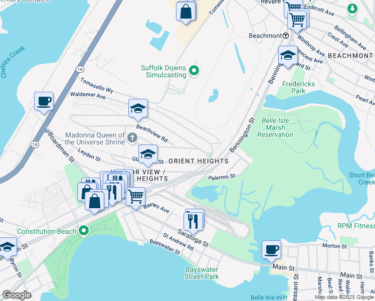 map of restaurants, bars, coffee shops, grocery stores, and more near 42 Orient Avenue in Boston