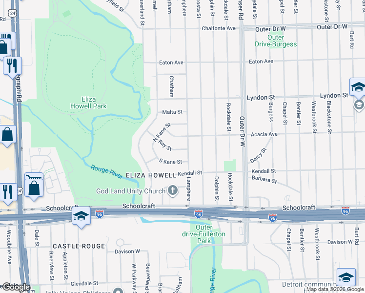 map of restaurants, bars, coffee shops, grocery stores, and more near 22422 Ray Street in Detroit