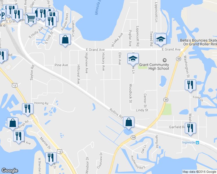 map of restaurants, bars, coffee shops, grocery stores, and more near 53 Hickory Avenue in Fox Lake