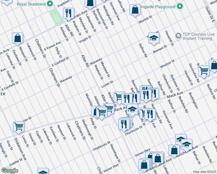 map of restaurants, bars, coffee shops, grocery stores, and more near 3683 Wayburn Street in Detroit