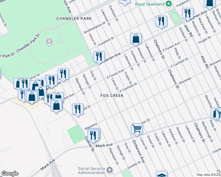map of restaurants, bars, coffee shops, grocery stores, and more near 4648 Dickerson Avenue in Detroit