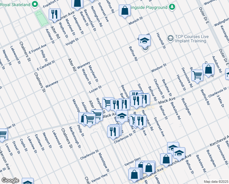 map of restaurants, bars, coffee shops, grocery stores, and more near 3656 Lakepointe Street in Detroit