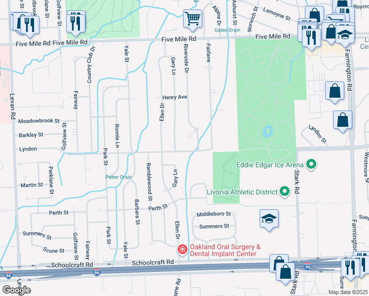 map of restaurants, bars, coffee shops, grocery stores, and more near 34800 Lyndon in Livonia