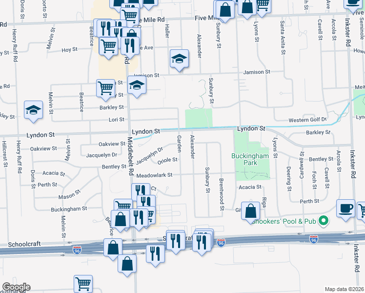 map of restaurants, bars, coffee shops, grocery stores, and more near 14424 Garden in Livonia