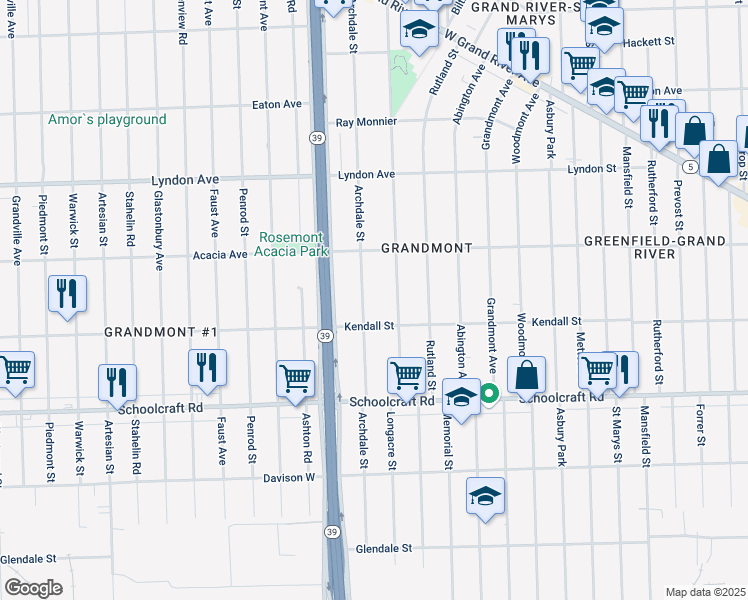 map of restaurants, bars, coffee shops, grocery stores, and more near 14154 Archdale St in Detroit