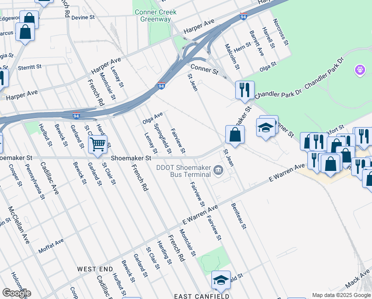 map of restaurants, bars, coffee shops, grocery stores, and more near 5530 Fairview Street in Detroit
