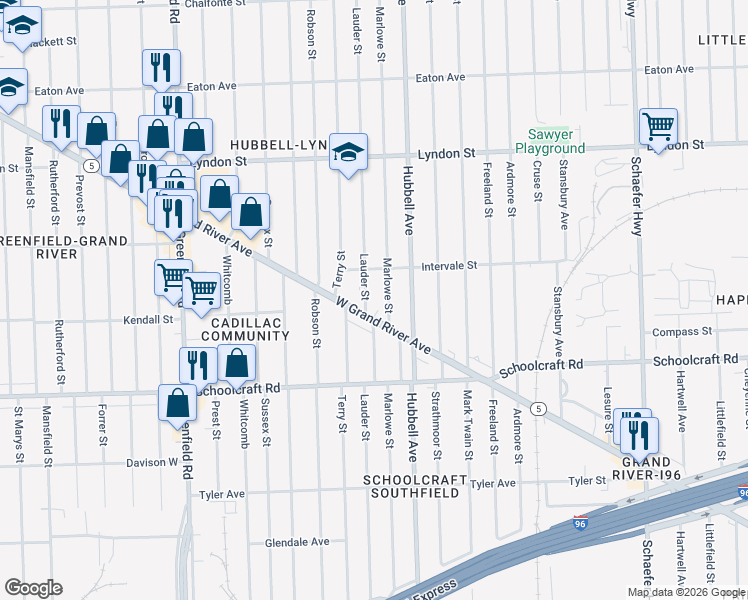 map of restaurants, bars, coffee shops, grocery stores, and more near 14128 Lauder Street in Detroit