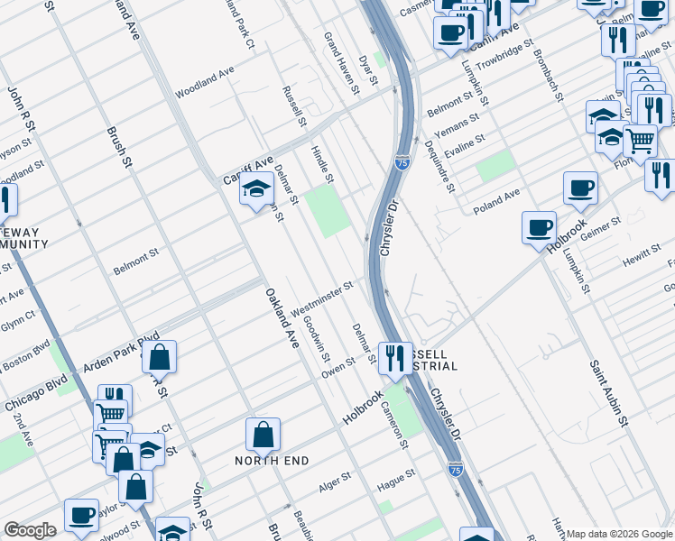 map of restaurants, bars, coffee shops, grocery stores, and more near 9544 Delmar Street in Detroit