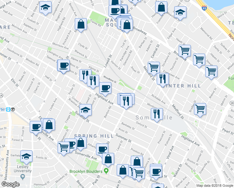 map of restaurants, bars, coffee shops, grocery stores, and more near 31 Hudson Street in Somerville