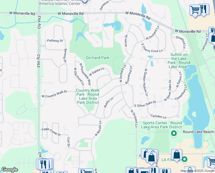 map of restaurants, bars, coffee shops, grocery stores, and more near 17 East Country Walk Drive in Round Lake Beach
