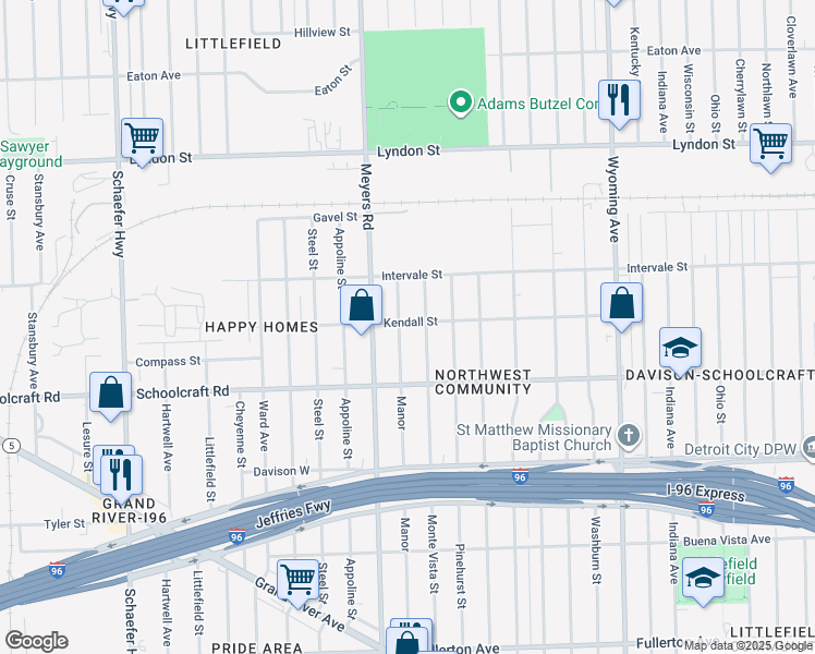 map of restaurants, bars, coffee shops, grocery stores, and more near 14016 Manor in Detroit
