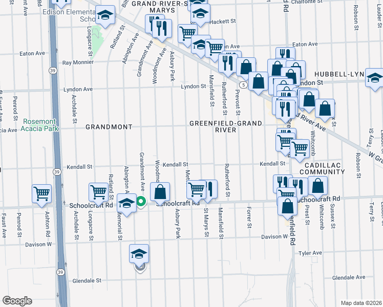 map of restaurants, bars, coffee shops, grocery stores, and more near 14144 Mettetal Street in Detroit