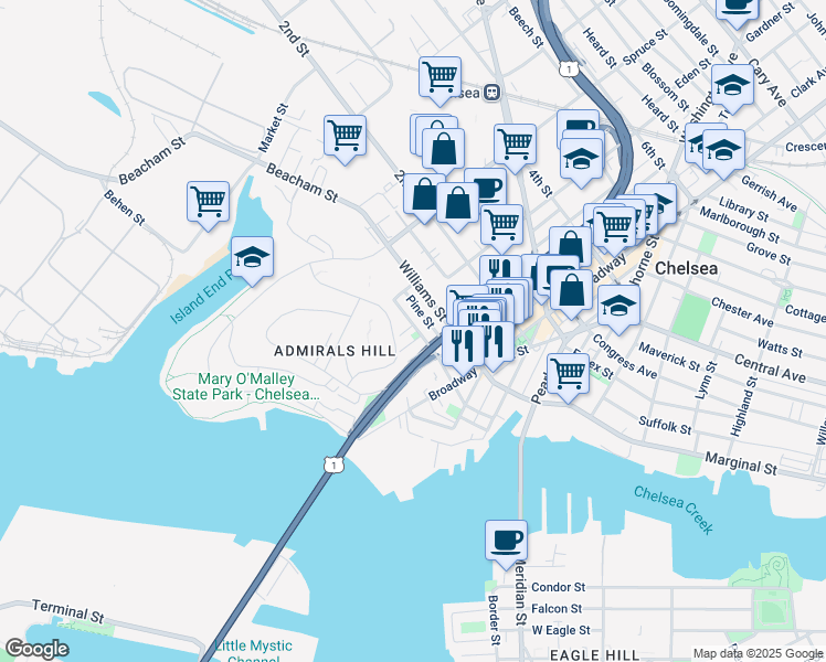 map of restaurants, bars, coffee shops, grocery stores, and more near 102 Beacon Street in Chelsea