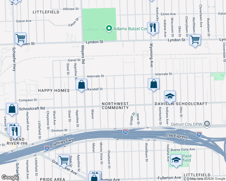 map of restaurants, bars, coffee shops, grocery stores, and more near 14015 Mendota Street in Detroit